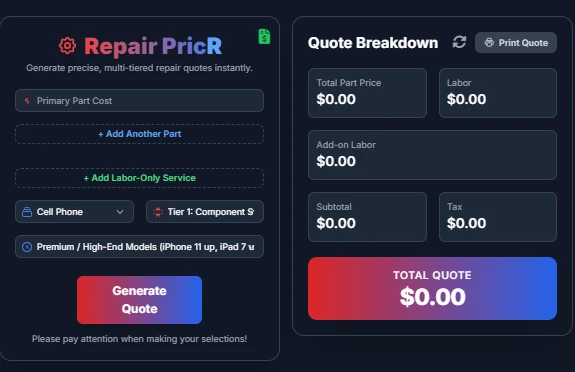 Repair PricR Trademark Tool UI